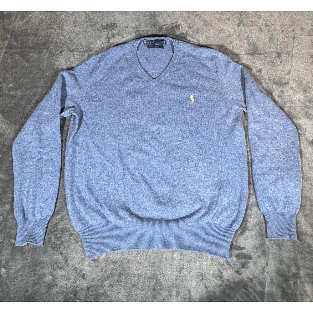 Polo Ralph Lauren Sweater Mens Medium Blue 100% Merino Wool V Neck Pony Logo